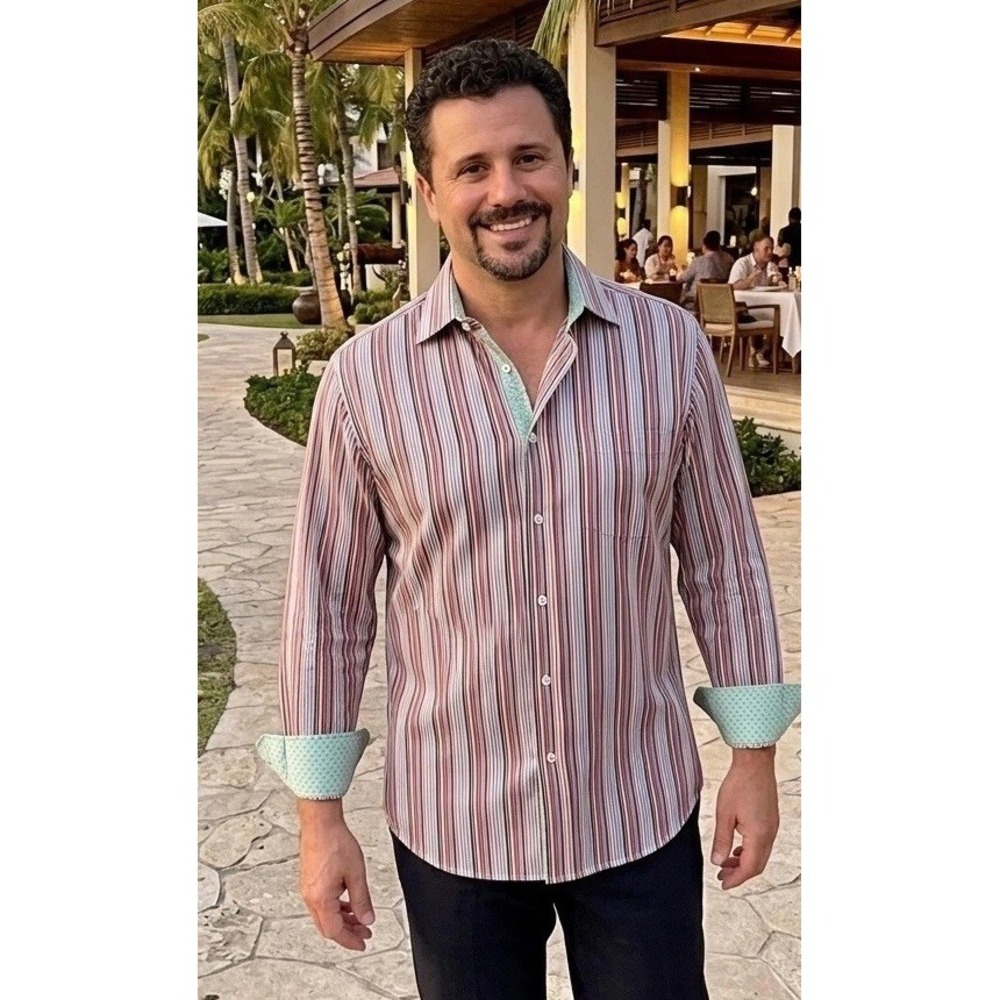 Bugatchi Uomo Classic Fit Striped Cotton Button-Up Shirt XL Contrasting Cuff